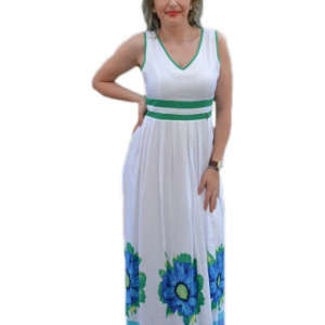 Rochie lejera de vara, flori verzi pe fond alb, model lung