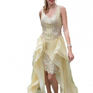 Rochie moderna de ocazie, aurie, cu broderie si paiete fine