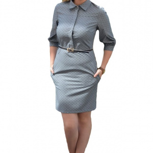 Rochie office, de culoare gri, cu maneca trei-sferturi si nasturi