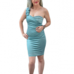 Rochie one-shoulder, din saten turcoaz, cu model de fronseuri