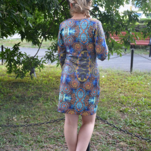 Rochie rafinata, in nuante de albastru, galben,portocaliu