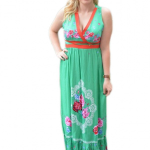 Rochie rafinata model lung, de culoare verde cu design floral
