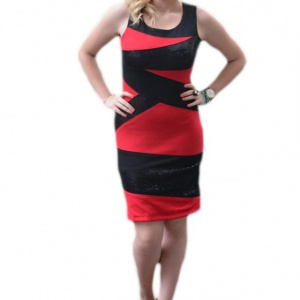 Rochie senzuala, rosu-negru si cu inserti de paiete negre