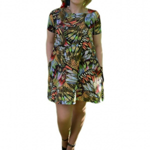 Rochie tinereasca cu design de fluturi multicolore si buzunare