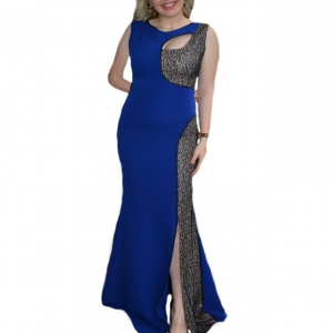 Rochie trendy nuanta albastra cu paiete negre, model lung, tineresc