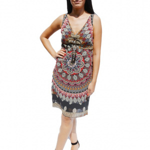 Rochie vaporoasa de vara cu decolteu in V, imprimeu multicolor