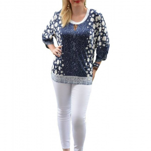 Bluza casual de dama, masura mare, bleumarin cu design alb