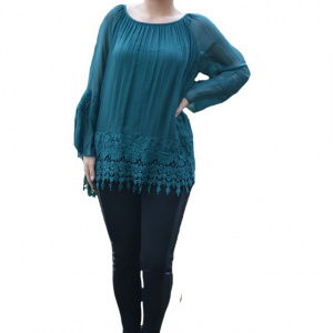 Bluza moderna Kara cu insertii de broderie si dantela,nuanta de verde