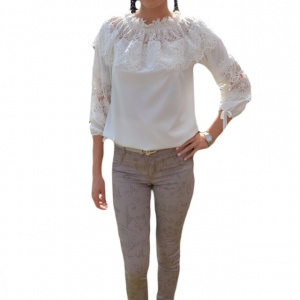 Pantalon lung de vara, de culoare bej, cu model de flori mari