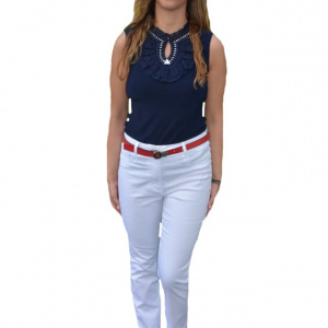 Pantaloni dama albi cu strasuri colorate
