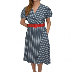 Rochie casual, in nuanta de bleumarin, cu dungi fine albe