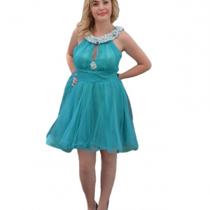 Rochie de seara scurta turcoaz, cu insertii de margele si straturi de tul