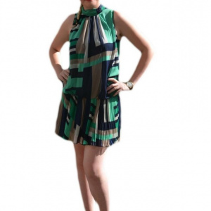 Rochie din voal subtire cu imprimeu abstract verde-bleumarin- bej
