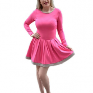 Rochie moderna, cu fusta in clos, maneca lunga, de culoare roz