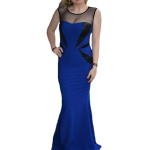 Rochie rafinata de gala, tip sirena, culoare albastra cu paiete negre