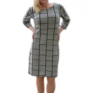 Rochie trendy de zi cu design de carouri rafinate, nuante negru-alb