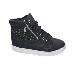 Tenis modern, de culoare neagra, cu insertii metalice, femoar, siret