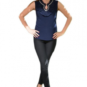 Top elegant de primavara-vara, culoare bleumarin, cu strasuri