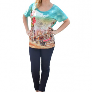 Tricou turcoaz de primavara-vara cu maneca scurta, decolteu mic