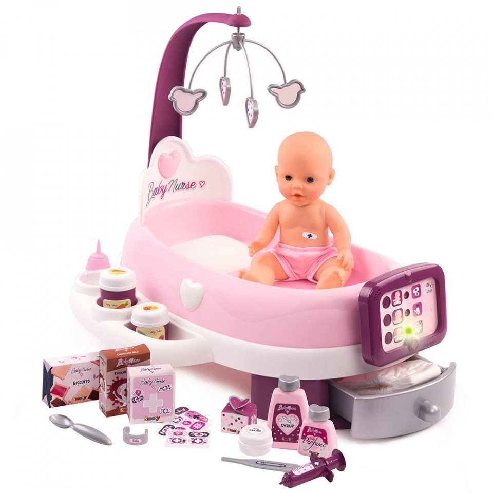 Set cadita si accesorii pentru papusi Smoby Baby Nurse Nursery mov