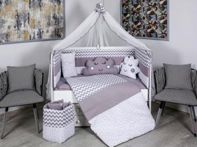 Lenjerie MyKids 10 piese Cloud gri-alb fara baldachin 120x60 cm