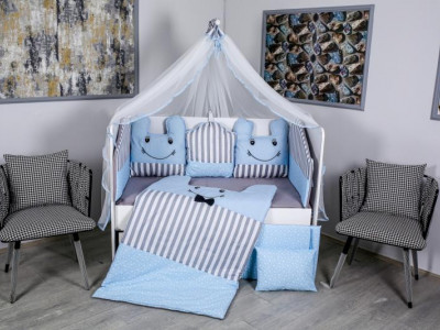 Lenjerie MyKids 10 piese Figures gri-albastru fara baldachin 120x60 cm