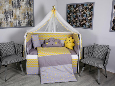 Lenjerie MyKids 10 piese Cloud gri-galben fara baldachin 120x60 cm