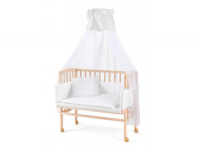 Waldin - Set Patut Bedside 2in1 Natur, 90 cm x 55 cm, laterala detasabila, co-sleeping, cu Saltea + Aparatoare alba + Baldachin