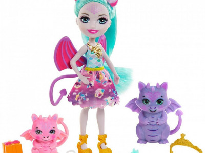 Papusa Enchantimals by Mattel Deanna Dragon Family cu 3 figurine si accesorii