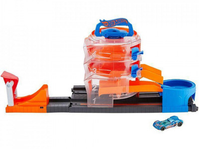 Pista de masini Hot Wheels by Mattel City Spin Dealership cu 1 masinuta