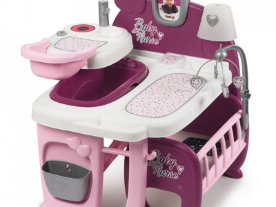 Centru de ingrijire pentru papusi Smoby Baby Nurse Doll`s Play Center mov cu 23 accesorii