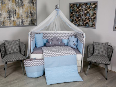 Lenjerie MyKids 10 piese Cloud gri-albastru fara baldachin 120x60 cm