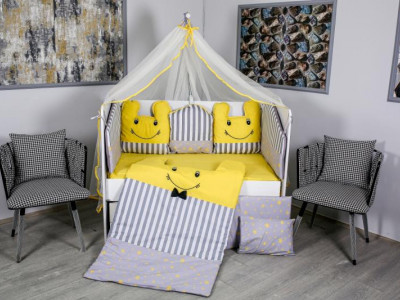 Lenjerie MyKids 10 piese Figures gri-galben fara baldachin 120x60 cm
