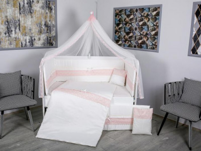 Lenjerie MyKids 11 piese Cream roz cu baldachin 120x60 cm