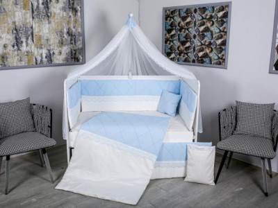 Lenjerie MyKids 9 piese Squars alb-albastru fara baldachin 120x60 cm