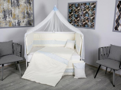 Lenjerie MyKids 11 piese Cream albastru cu baldachin 120x60 cm