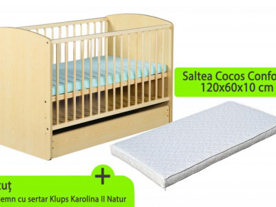 Patut cu sertar KLUPS Karolina II Natur + Saltea 10 MyKids Confort II