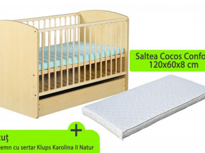 Patut cu sertar KLUPS Karolina II Natur + Saltea 8 MyKids Confort II