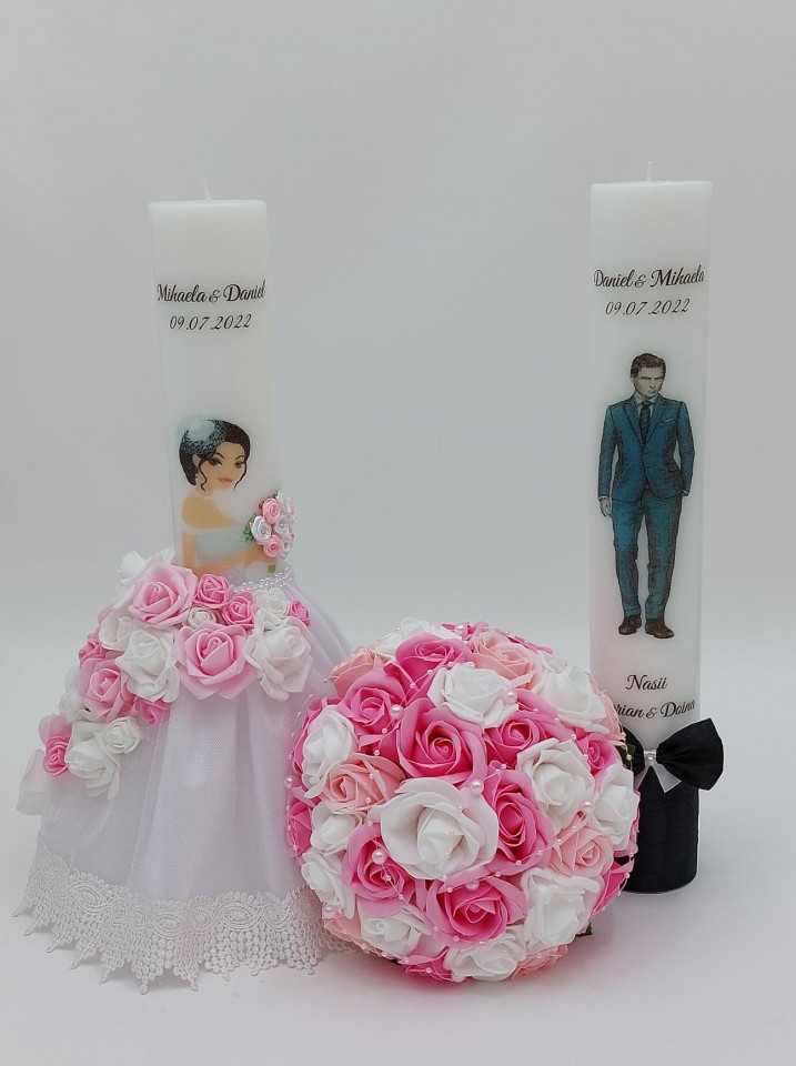 Set Buchet Mireasa Roz + 2 Lumanari Personalizate Nunta