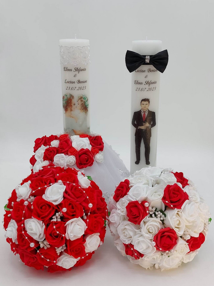 Set Personalizat Nunta 2 Lumanari Ornate + 2 Buchete Mireasa/Nasa