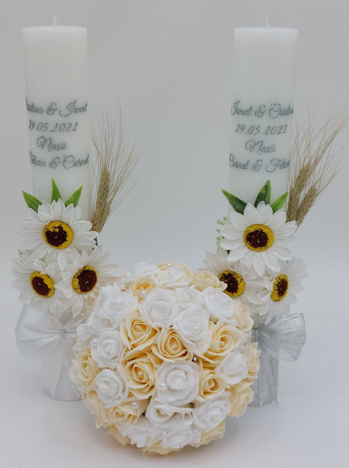Pachet Nunta Cu Aranjament Rustic (Buchet Mireasa + 2 Lumanari Scurte)