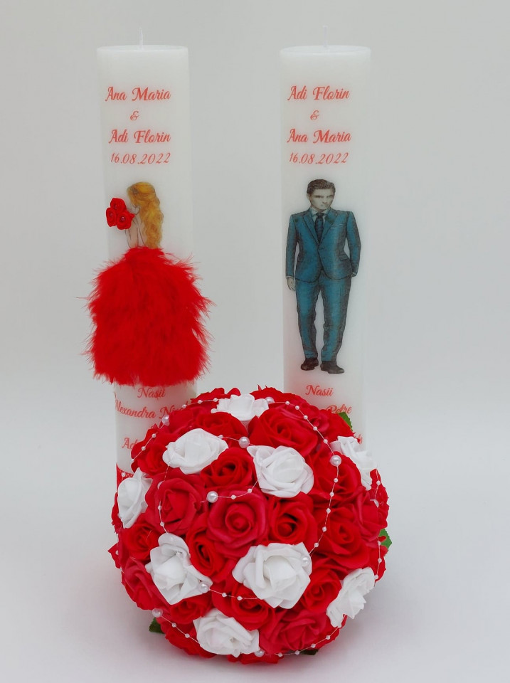 Set 2 Lumanari Nunta Cu Pene + Buchet Mireasa Rosu