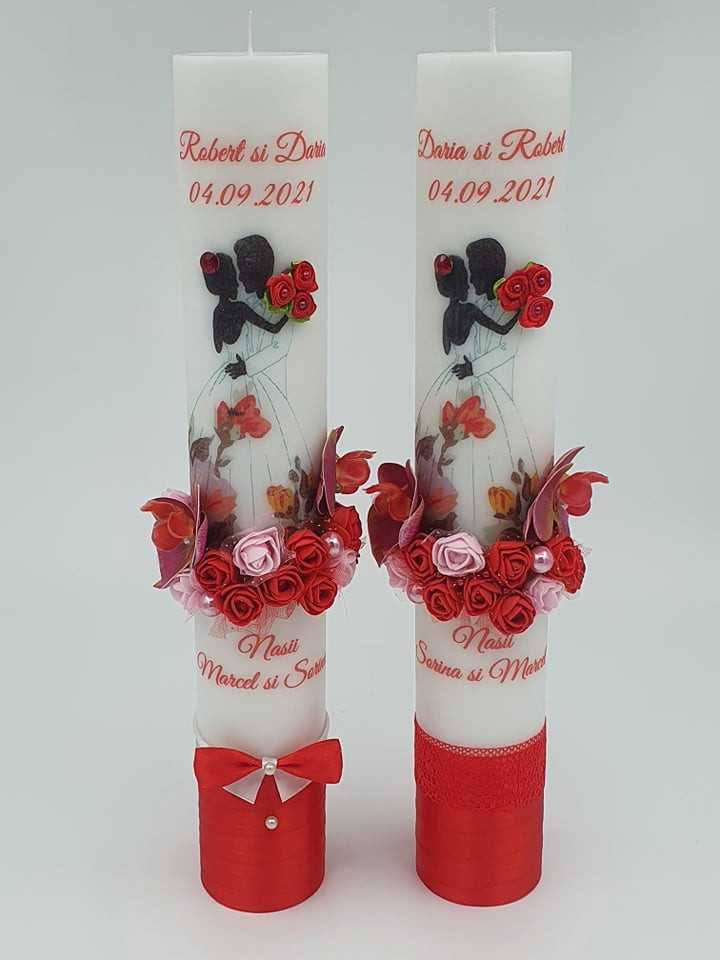 Set 2 Lumanari Scurte Nunta Cu Trandafiri Rosii Si Orhidee
