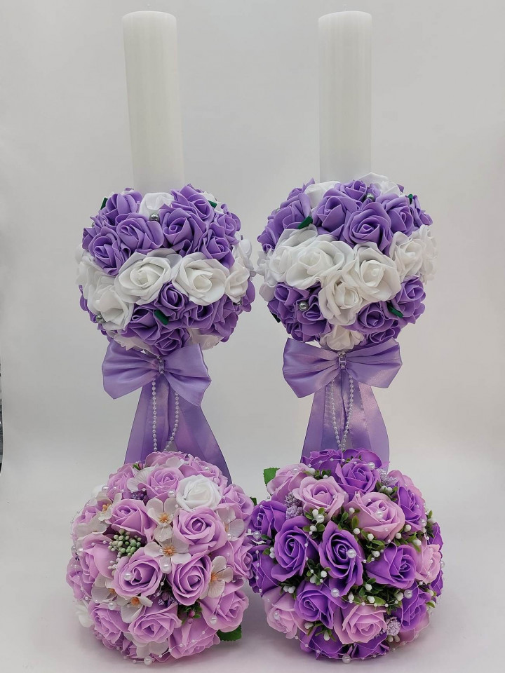 Set Nunta Mov 2 Lumanari Personalizate Si 2 Buchete Cu Flori Artificiale