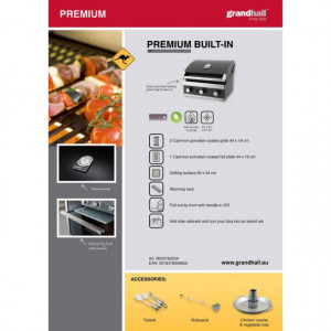 Gratar pe gaz cu 3 arzatoare din inox, incastrabil, gratare din fonta, Grand Hall Premium GT3 - K03000196A pliant
