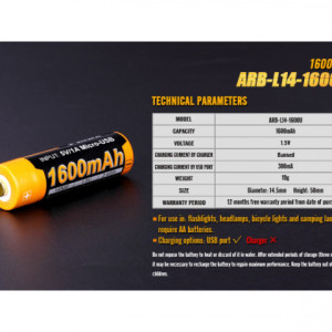 Acumulator Fenix 14500 - 1600mAh cu Micro-USB - ARB-L 14-1600U 5