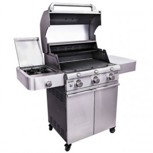 Gratar pe gaz din otel inoxidabil non-magnetic Char-Broil Platinum 3400S, 3 arzatoare din inox, TRU-Infrared - 140861 capac deschis