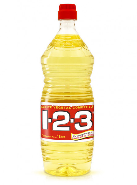1-2-3 aceite vegetal comestible / Caja con 9 botellas de 1 Litro