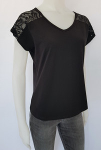 Tricou Dama Petrecut in V cu Dantela 2934.Negru