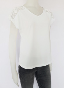 Tricou Dama Petrecut in V cu Dantela 2934.Alb